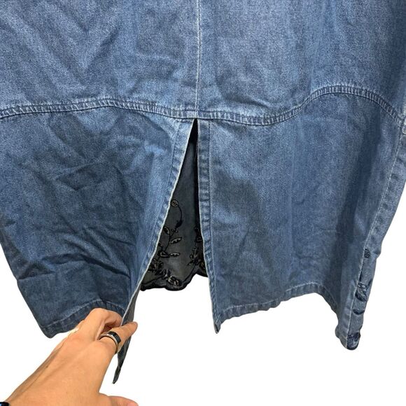 Vintage Countrywear Casuals Womens Maxi Denim Dress Jumper Embroidered Flowers M - Picture 7 of 7